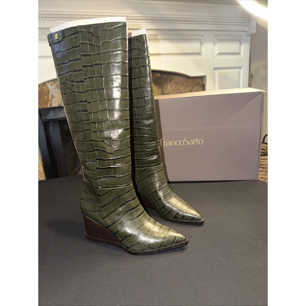 Franco Sarto Estella Wedge Tall Boot Green Croc Embossed Leather Size 7 NIB $225 - Picture 3 of 13